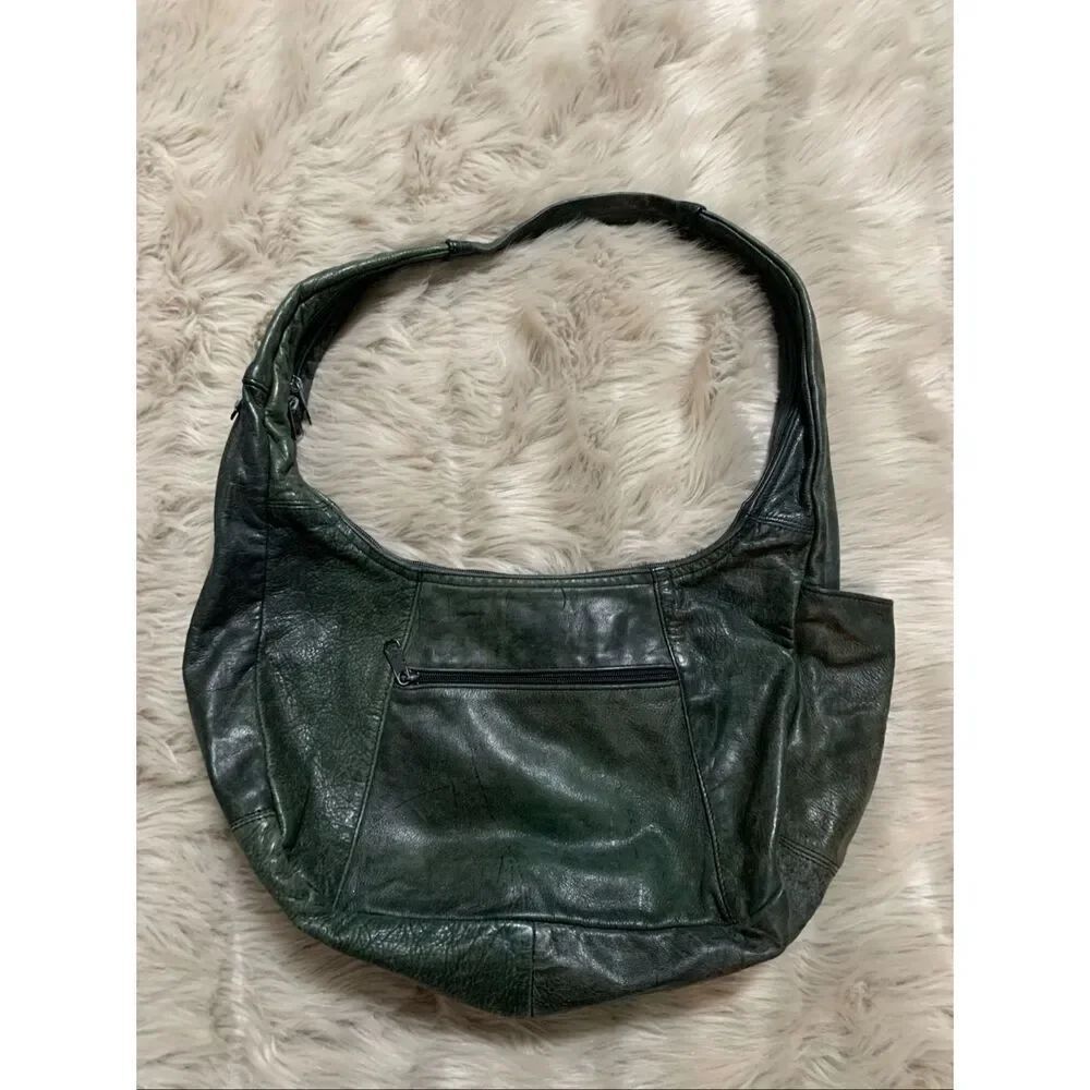 Dark green leather hobo shoulder bag purse - Picture 2 of 15